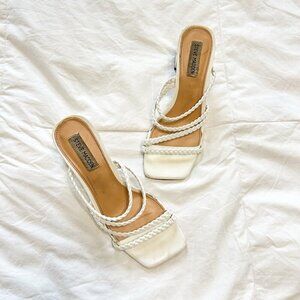 Steve Madden White Braided Strap Block Open Toe Heel Sandals Women’s Size 8
